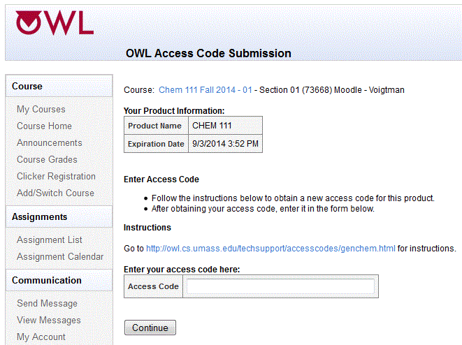 access code renewal OWL page